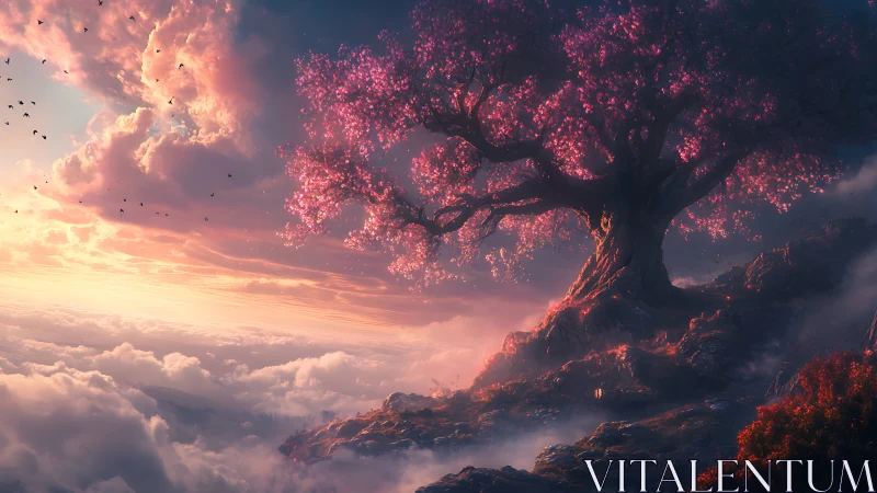 Twilight blossom titan guarding a cloud-swept mountaintop.