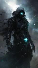 Digital painting of arcane cyber wraith in storm-lit shroud.