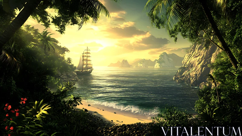 Tropical Cove Sailboat at Golden Sunset.