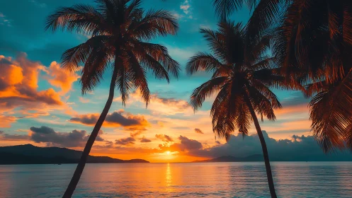Vibrant tropical sunset behind palm trees over calm sea.