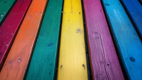 Parallel wooden planks painted in segmented rainbow colors.