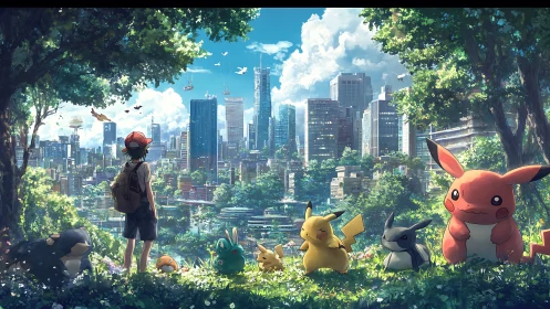 Pokemon trainer and team overlook lush futuristic cityscape.