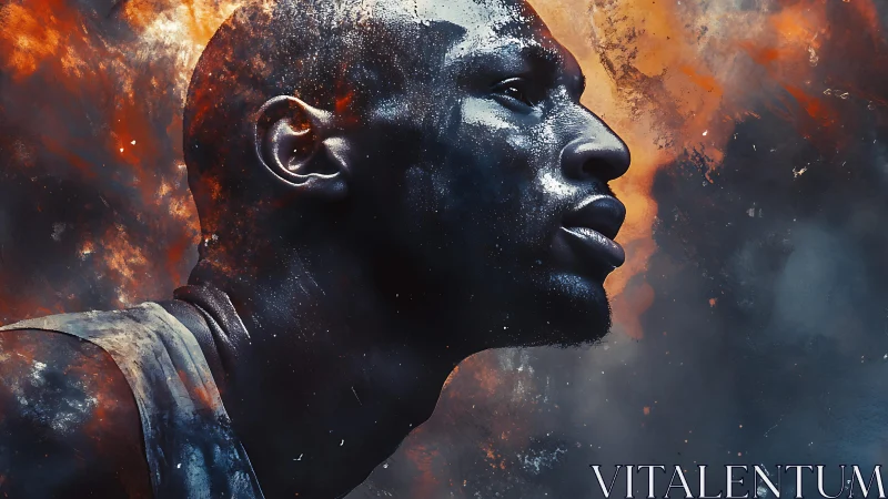 Side profile of man against abstract fiery background.