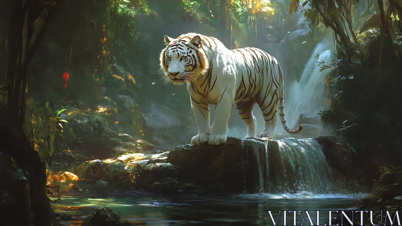 White tiger on rock ledge above shallow forest waterfall.