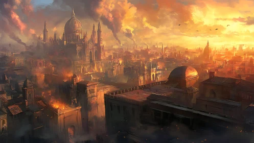 Burning domed city glows beneath turbulent sunset sky