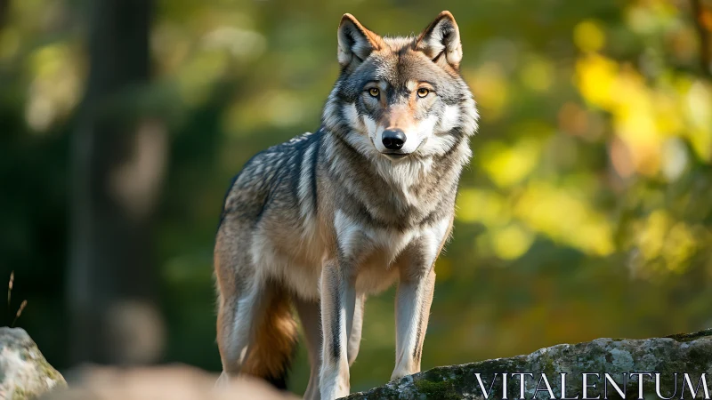 Gray wolf standing on rock in forest clearing outdoors.