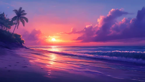 Radiant tropical sunset bathes serene shoreline in color.