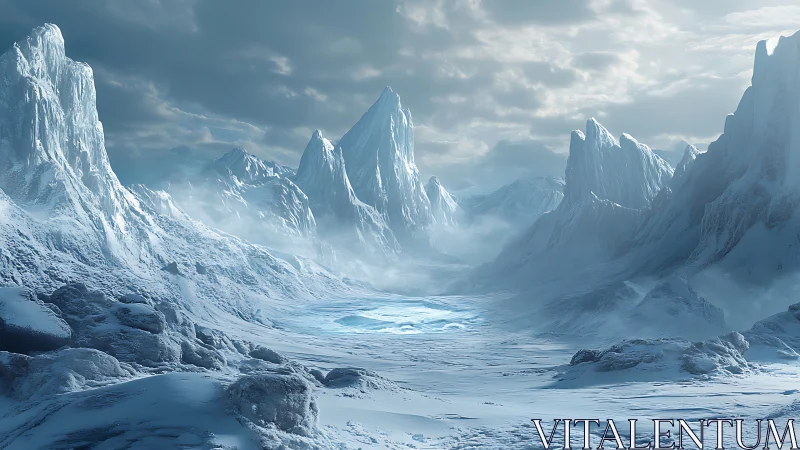 Glacial basin under diffuse polar light with stratified ice ridges