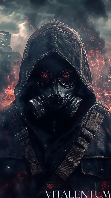Hooded survivor in a burning city of smoke and embers.