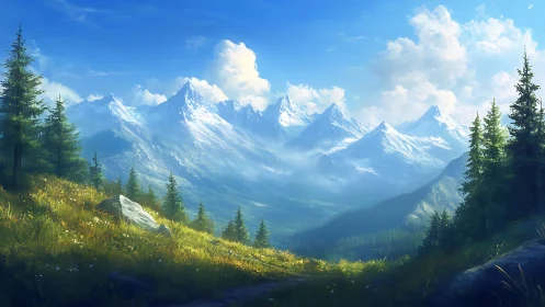 Sunlit alpine meadow opening toward bright snowy peaks.