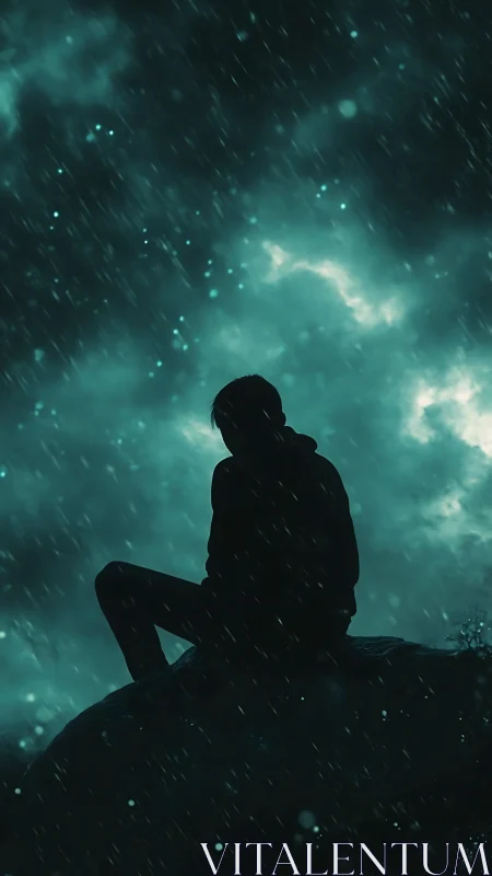 Quiet silhouette resting beneath a rainlit teal sky.