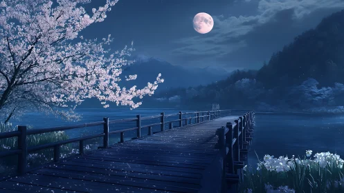 Moonlit lakeside pier framed by cherry blossom in bloom