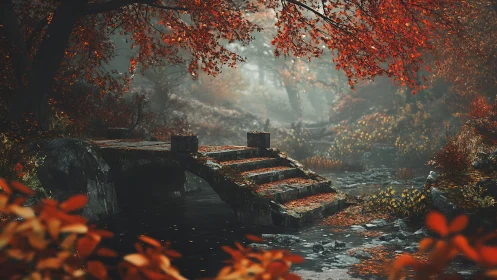 Stone bridge beneath crimson autumn canopy in misty forest.