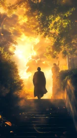 Backlit cloaked figure ascends stone stairs toward radiant sky