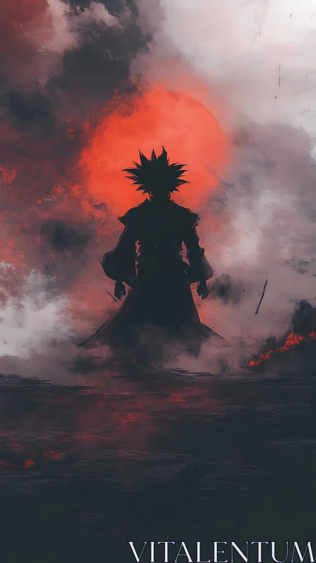 Lone warrior silhouette stands before a burning red sun