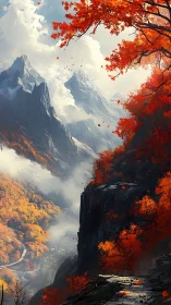 Autumn cliff path above misty snow peaks at sunrise.