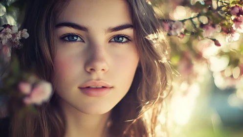 Soft spring light surrounds a serene blue eyed woman’s portrait