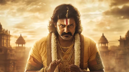 Warrior-priest portrait before golden ancient temple city.