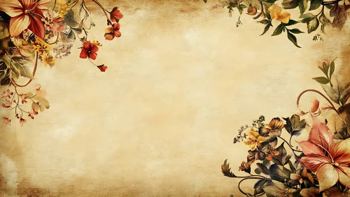 Vintage floral border with warm blooms and open space.