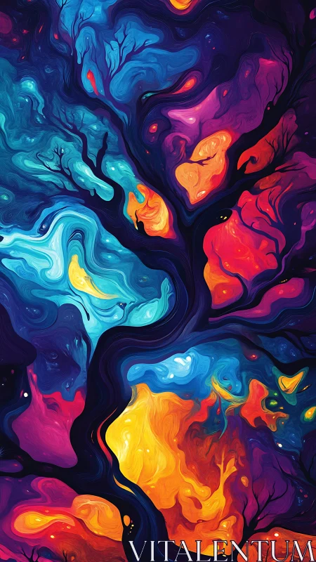 Chromatic nebula tree flows through swirling cosmic strata