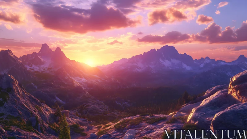 Sunlit alpine peaks under radiant violet dusk sky.