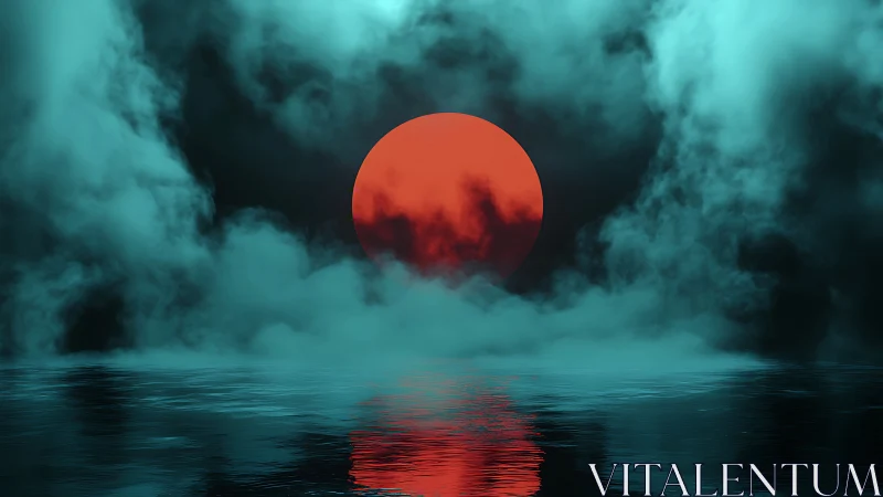 Crimson sun emerging through teal mist over calm water.