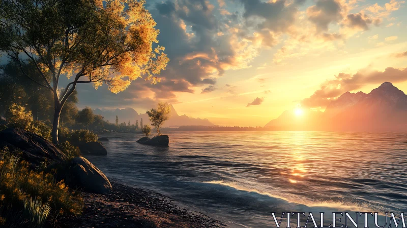 Golden shoreline sunrise ignites a tranquil mountain lake.