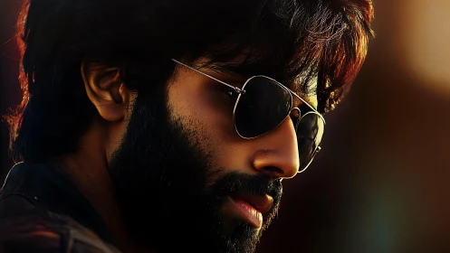 Stylish bearded man in aviator sunglasses against warm glow.