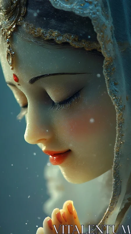 Snowlit porcelain bride in quiet, jeweled devotion. Period.