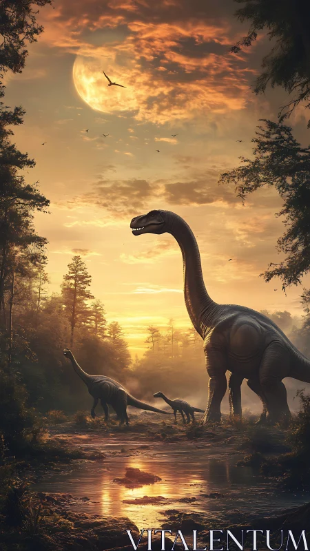 Golden evening stroll with gentle dinosaurs by the riverbank