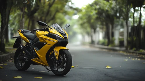 Yellow sport motorcycle in shallow-depth streetscape study.