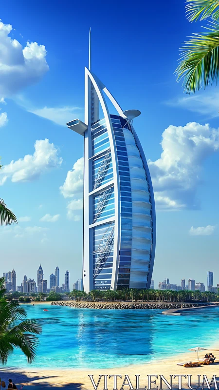 Sail-shaped waterfront tower structure with geometric facade elements.