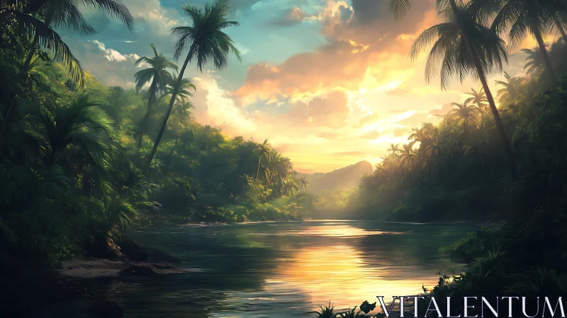 Tropical River Canyon Sunset with Palm-Lined Gorge and Golden Reflections.