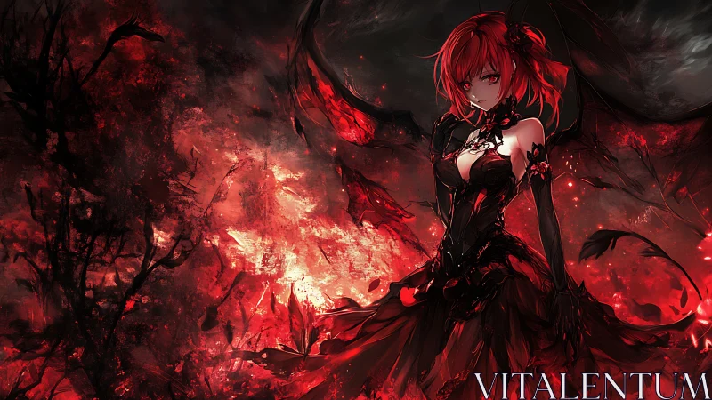 Red haired anime woman stands in chaotic red landscape