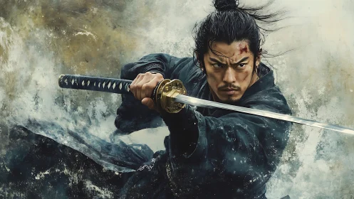 Storm-eyed samurai lunges forward, blade carving frozen thunder.