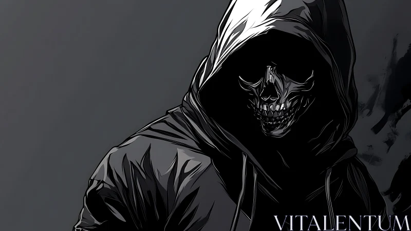 Shadowed skeletal figure in a hooded cloak hints at dark power