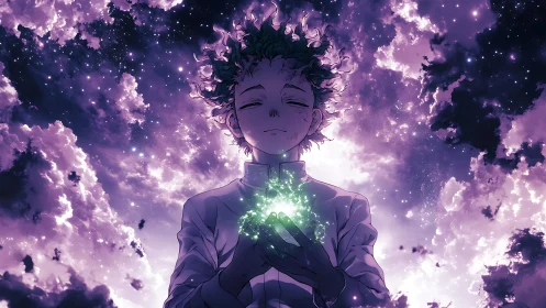 Stargazing youth holds glowing energy under cosmic sky.