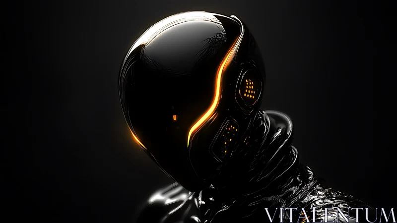 Black glossy humanoid robot helmet with orange illuminated trim