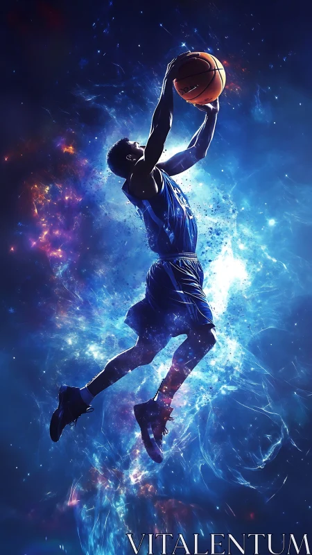 Celestial vertical leap of silhouetted basketball player mid-dunk