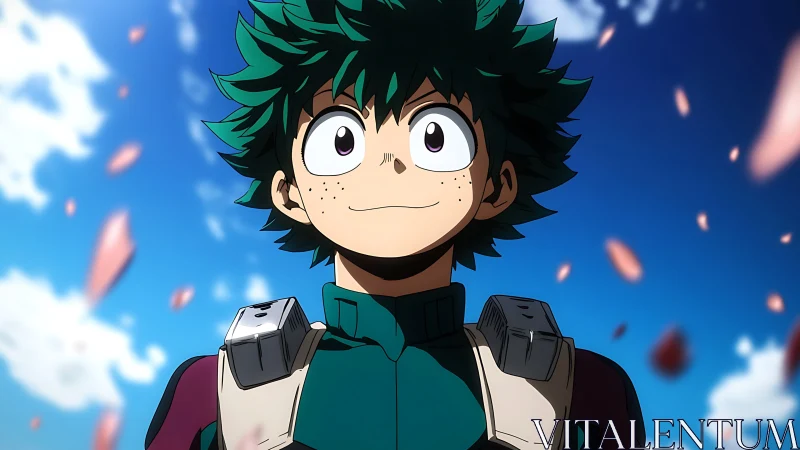 Green-haired anime hero gazes upward under vivid sky.