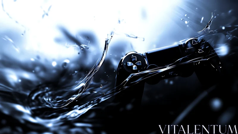 Liquid pixels surge as a game controller dives through light