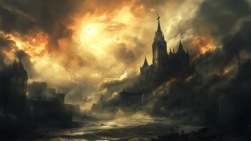 Cathedral fortress beneath an apocalyptic burning sky.