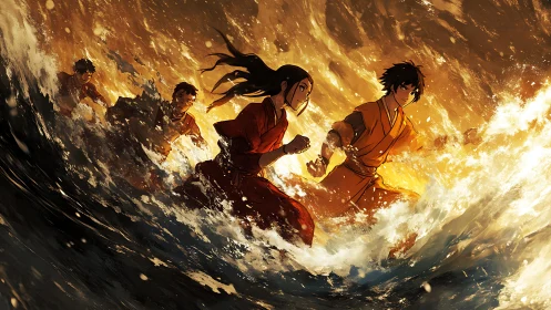 Kinetic anime wave surge with four figures in molten light.