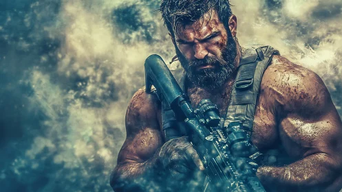 Gritty warrior steadies his rifle in a storm of swirling dust