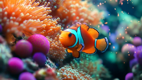 Vibrant clownfish glides through glowing coral garden
