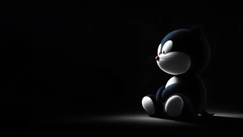 Soft-lit midnight kitty plush pondering the quiet glow.