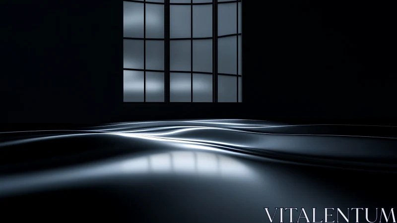 Minimalist dark room with glowing liquid floor waves.