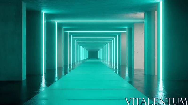Neon turquoise corridor with infinite geometric light frames.