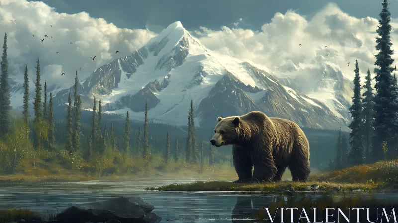 Gentle brown bear strolls by a quiet alpine river