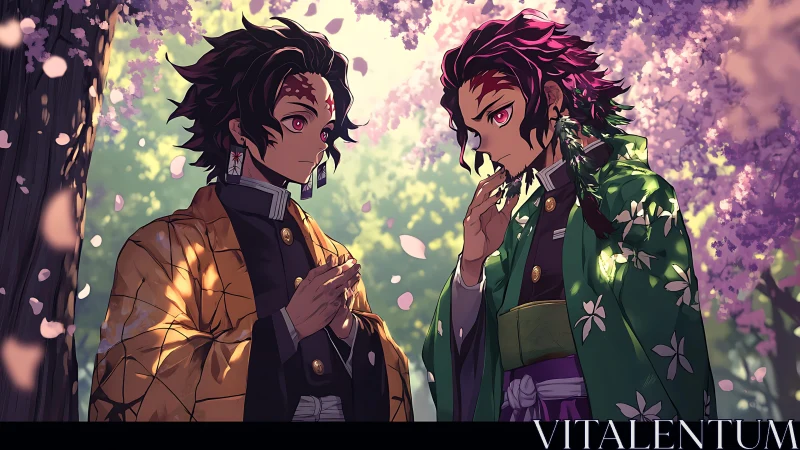 Twin kimono-clad anime swordsmen under luminous cherry blossoms